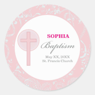 Sticker Rond Fille en dentelle rose Baptême
