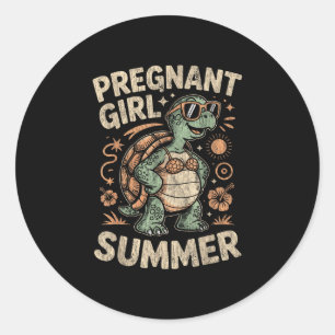 Sticker Rond Fille enceinte été tortue drôle vacances à la plag