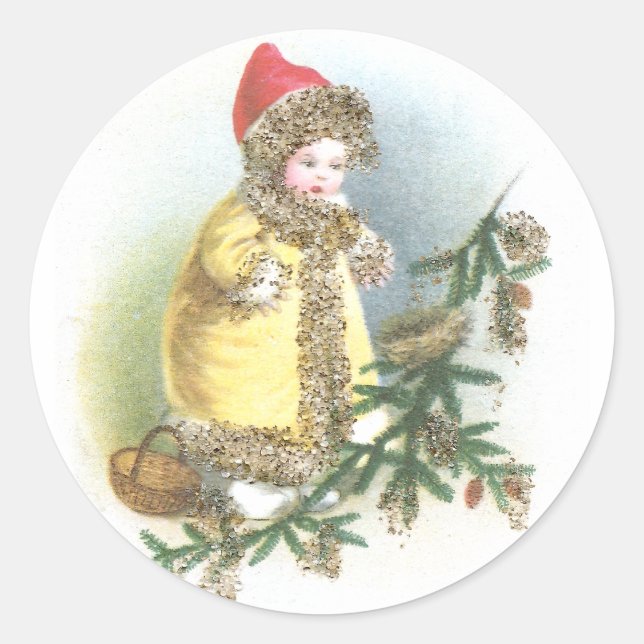 Sticker Rond Fille et Nest Vintage Noël (Devant)