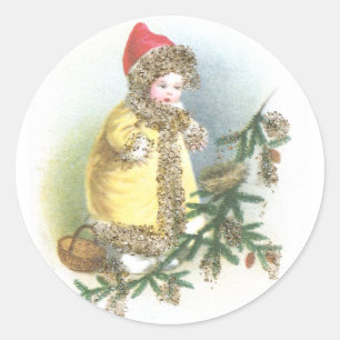 Sticker Rond Fille et Noël de cru de nid