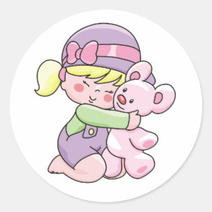 Sticker Rond Fille étreignant des T-shirts et des cadeaux