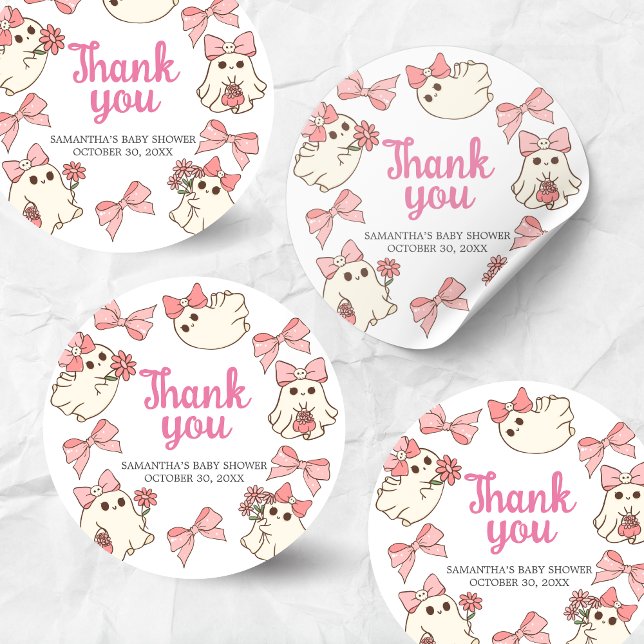 Sticker Rond Fille Fantôme Petit Boo Halloween Baby shower (Pink Little Boo Halloween Baby Shower Sticker)