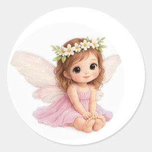 Sticker Rond Fille Fée Couronne de Fleurs Douce en Robe Rose