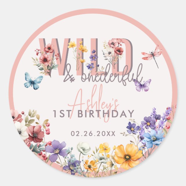 Sticker Rond Fille florale Anniversaire | Faveur sauvage et int (Devant)