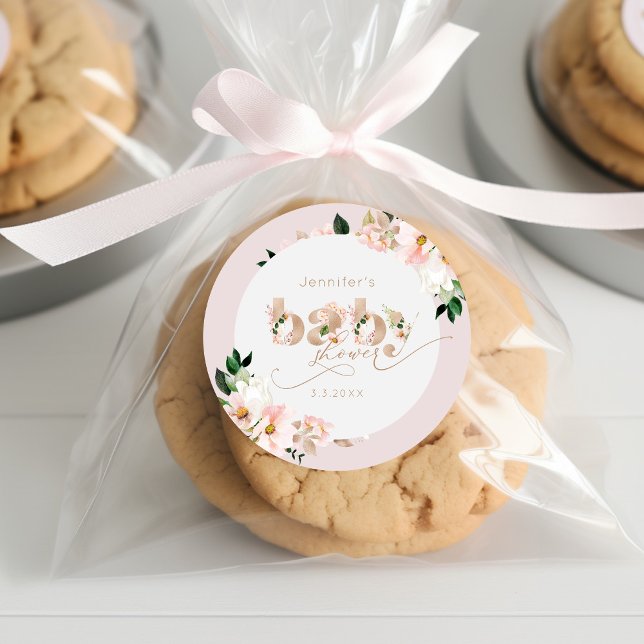 Sticker Rond Fille florale rose pâle baby shower élégant (Créateur téléchargé)