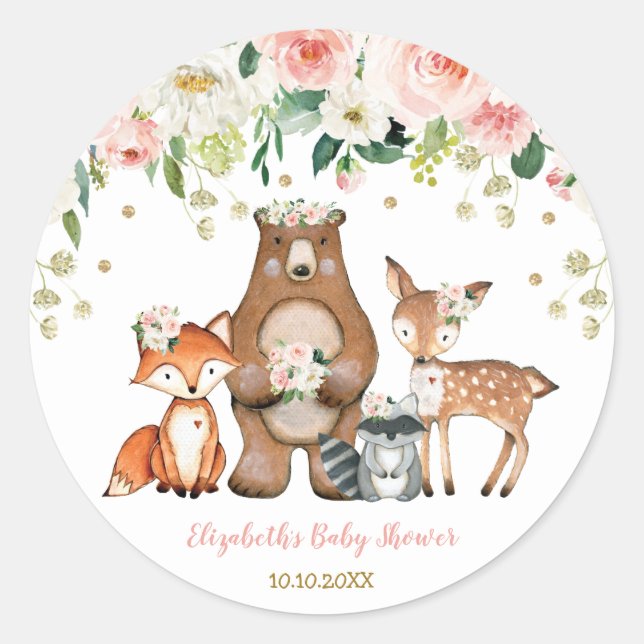 Sticker Rond Fille Forêt Boisée Animaux Baby shower Anniversair (Devant)