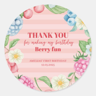 Sticker Rond Fille fraise 1er anniversaire Berry Sweet Pink