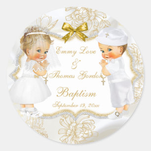 Sticker Rond Fille Garçon Jumeaux Communion Baptême Croix en Or