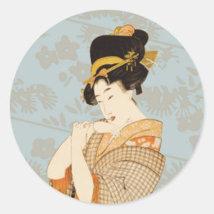 Sticker Rond Fille Geisha Japonaise Vintage Divertisseuse en Ki