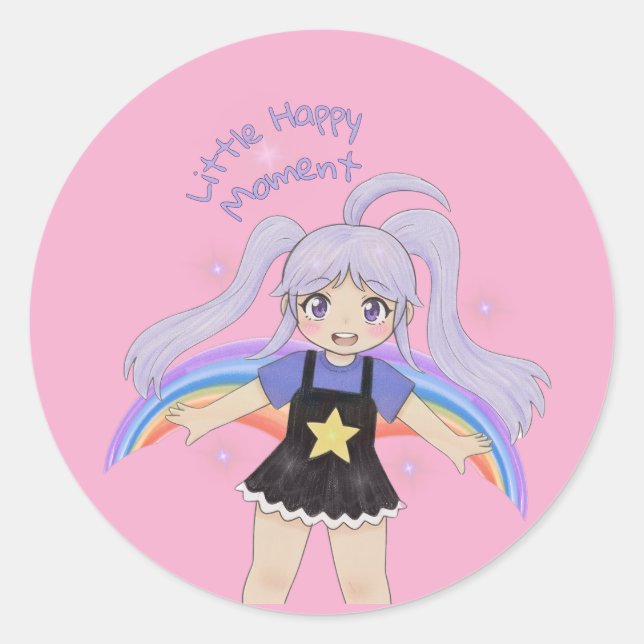 Sticker Rond Fille Heureuse Illustration Dessinée à la Main – P (Devant)
