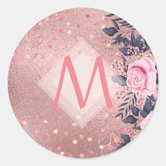 Sticker Rond Fille jamais ROSEGOLD Bleu rose Floral MONOGRAS (Devant)