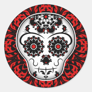 Sticker Rond Fille jour du crâne de sucre mort rouge et noir