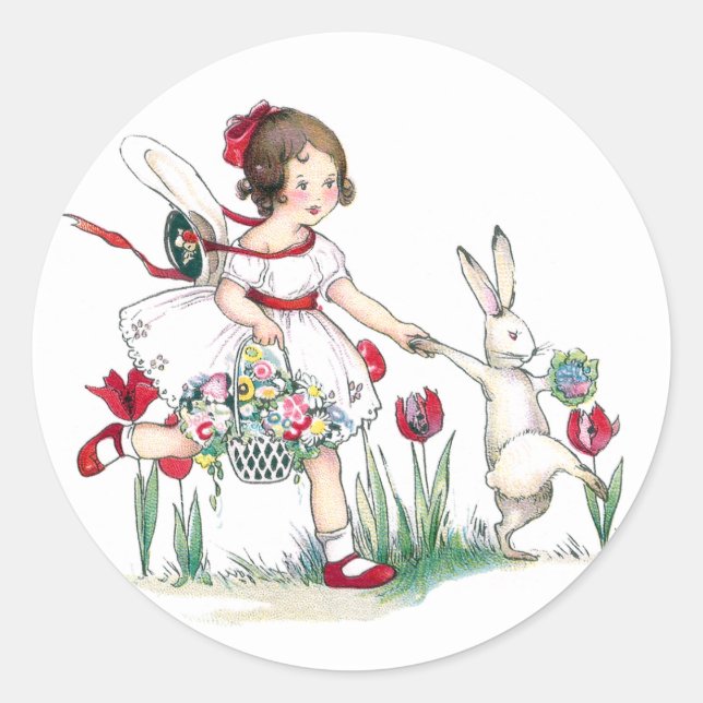 Sticker Rond Fille, lapin et fleurs de Pâques (Devant)