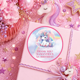 Sticker Rond Fille Licorne Rose Violet Rêveuse Anniversaire Sti