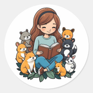 Sticker Rond Fille lisant un livre