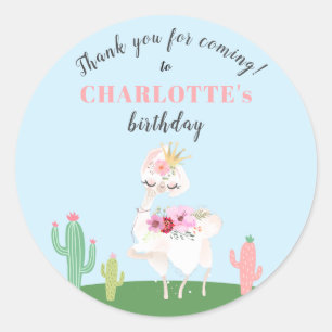 Sticker Rond Fille Llama Floral Cactus Merci fête d'anniversair