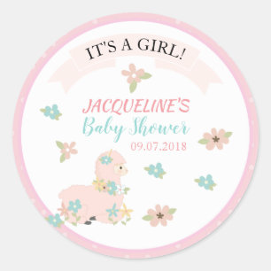 Sticker Rond Fille Llama Rose Baby shower Floral