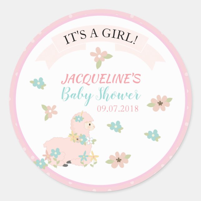 Sticker Rond Fille Llama Rose Baby shower Floral (Devant)