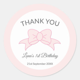 Sticker Rond Fille Merci Ruban Rose 1er Anniversaire