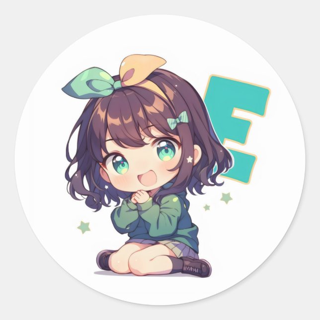 Sticker Rond Fille mignonne de l'anime lettre E (Devant)
