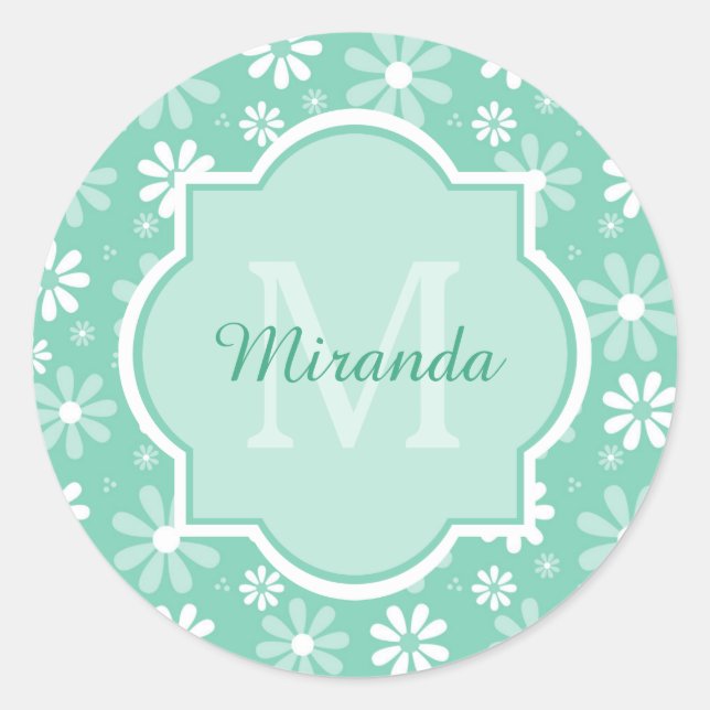 Sticker Rond Fille Monogramme Monnaie Blanc Fleurs de marguerit (Devant)