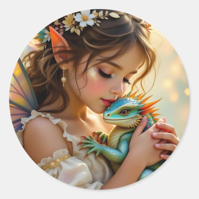 Sticker Rond Fille Mystique Fée et Dragon   (Devant)