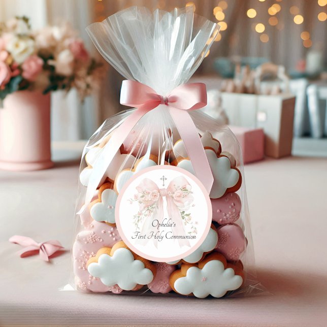 Sticker Rond Fille noeud rose floral première communion (Créateur téléchargé)