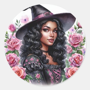 Sticker Rond Fille noire Bubblegum sorcière rose-o-ween