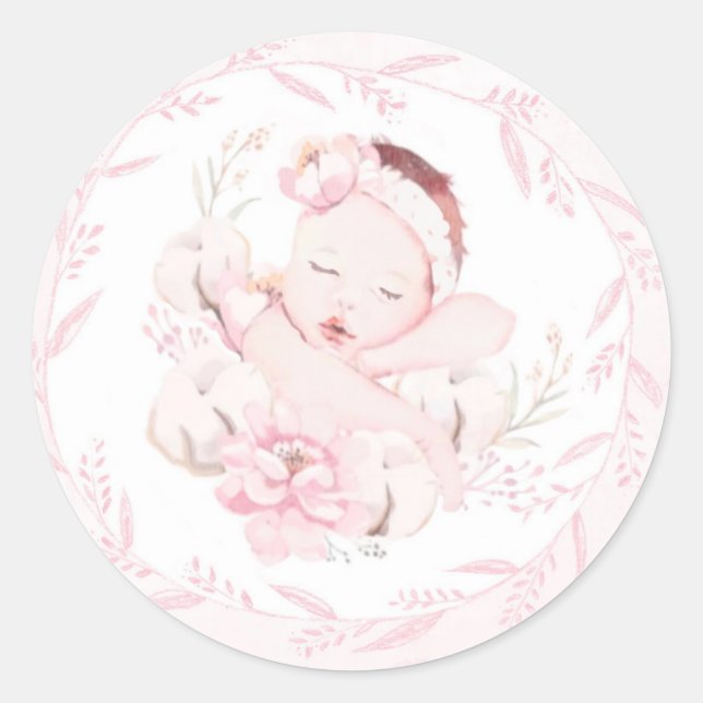 Sticker Rond Fille nouveau-né main tiré Baby shower rose (Devant)