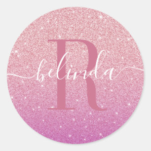 Sticker Rond Fille Ombre rose violet Parties scintillant Nom du
