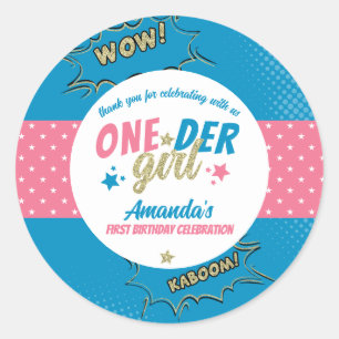 Sticker Rond Fille Oneder Rose et Bleu Premier Anniversaire
