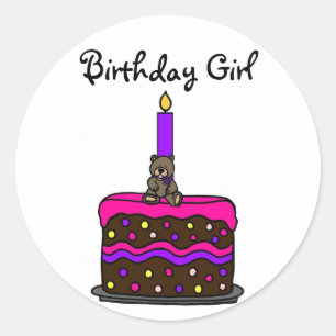 Sticker Rond Fille ours sur gâteau d'anniversaire - Customisé