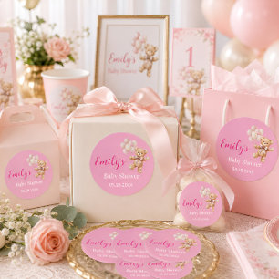 Sticker Rond Fille ourson en peluche Baby Shower