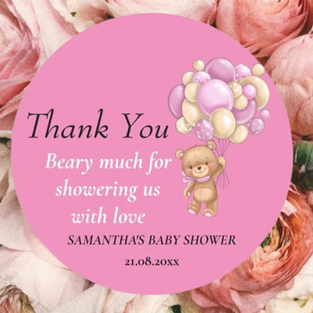 Sticker Rond Fille Ourson Thème de Remerciement de Naissance (Express heartfelt gratitude with our adorable teddy bear)
