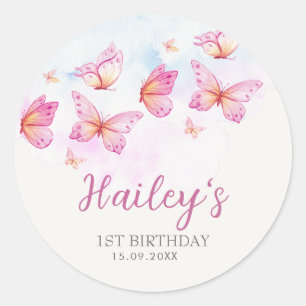 Sticker Rond Fille Papillon Aquarelle Élégante 1er Anniversaire