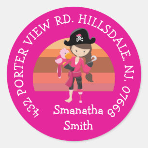Sticker Rond Fille Perroquet rose Pirate Party ADRESSE Classic
