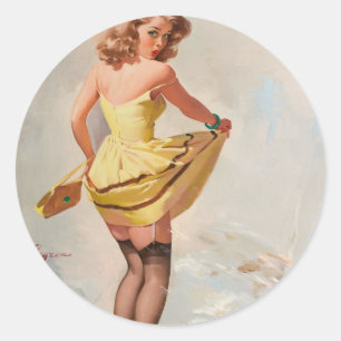 Sticker Rond Fille pin-up par jour de pluie