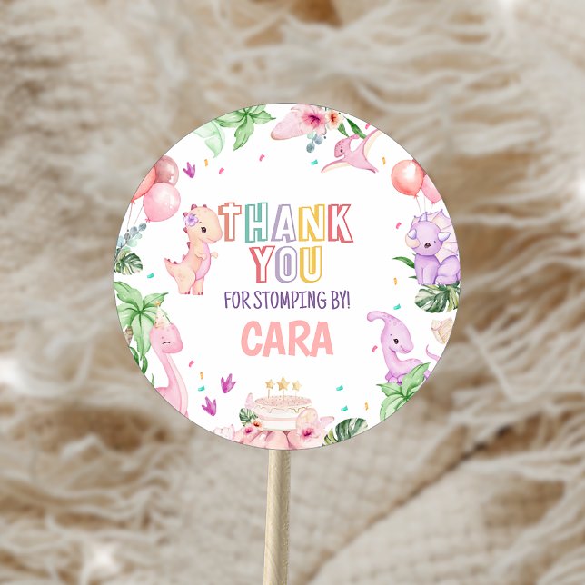 Sticker Rond Fille Pink Safari Dinosaur fête d'anniversaire (Girl Pink Safari Dinosaur Birthday Party Sticker)