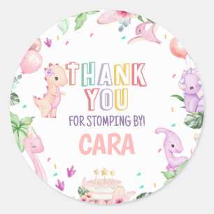 Sticker Rond Fille Pink Safari Dinosaur fête d'anniversaire