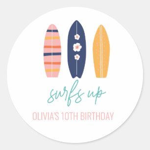 Sticker Rond Fille Planche de Surf Plage anniversaire
