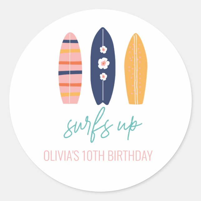 Sticker Rond Fille Planche de Surf Plage anniversaire (Devant)