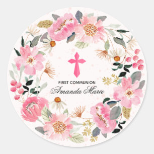 Sticker Rond Fille première communion aquarelle rose floral