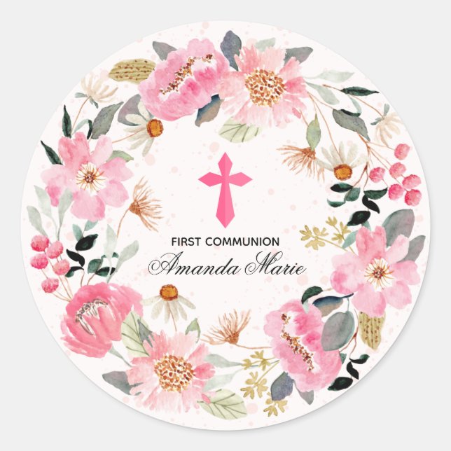 Sticker Rond Fille première communion aquarelle rose floral (Devant)