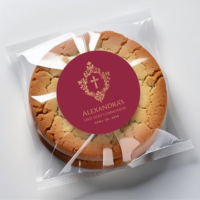 Sticker Rond Fille Première Communion Bourgogne Gold Crest Reli (Créateur téléchargé)