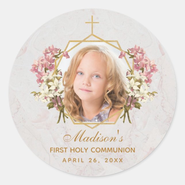 Sticker Rond Fille première communion photo Floral rose orchidé (Devant)
