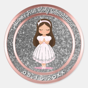 Sticker Rond Fille Première Sainte Communion Argent Rose Or