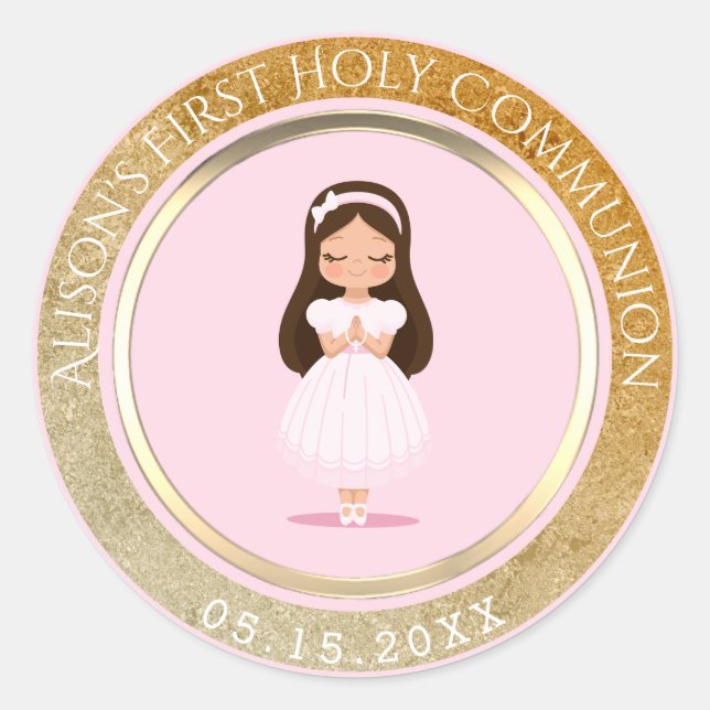 Sticker Rond Fille Première Sainte Communion Or rose (Devant)