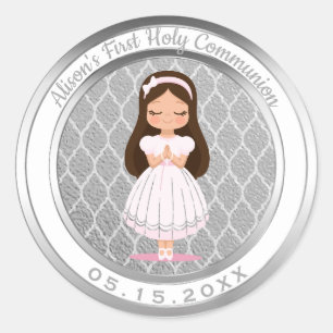 Sticker Rond Fille Première Sainte Communion Quatrefoil Argent