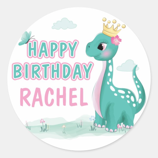 Sticker Rond Fille princesse Dinosaur rose et Turquoise fête d' (Devant)