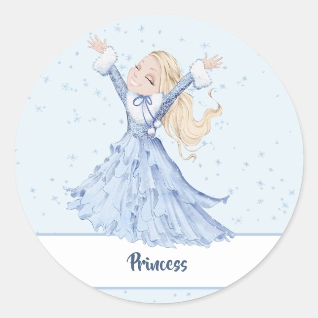 Sticker Rond Fille Princesse Enchantée Snowflakes (Devant)
